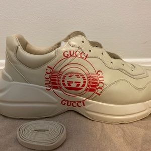 Gucci Mens White/Red Men's Rhython Logo-Print Leather Trainers 12